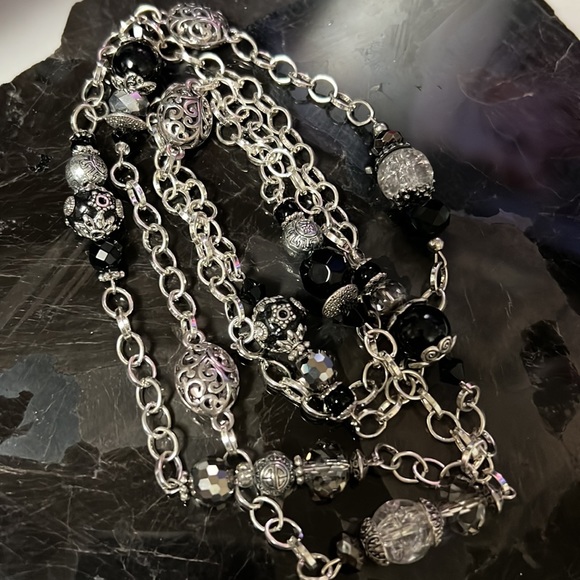 Long Mixed Beaded Silver-Tone Chain Necklace - Picture 2 of 2